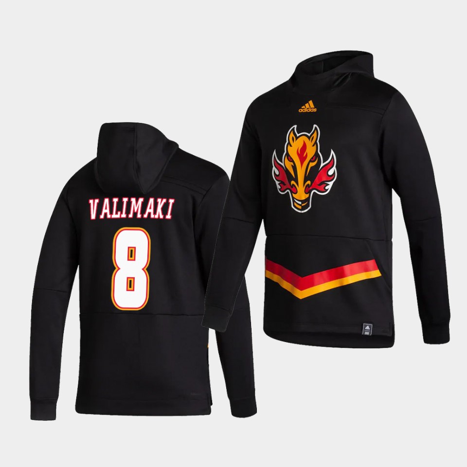 Men Calgary Flames #8 Valimaki Black NHL 2021 Adidas Pullover Hoodie Jersey